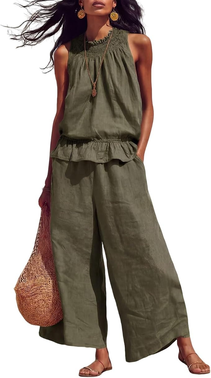 Womens 2 Pieces Sets Ruffle Tank Top Wide Leg Pant | Sleeveless Ruffled Tops,Casual Pants with Po... | Amazon (US)
