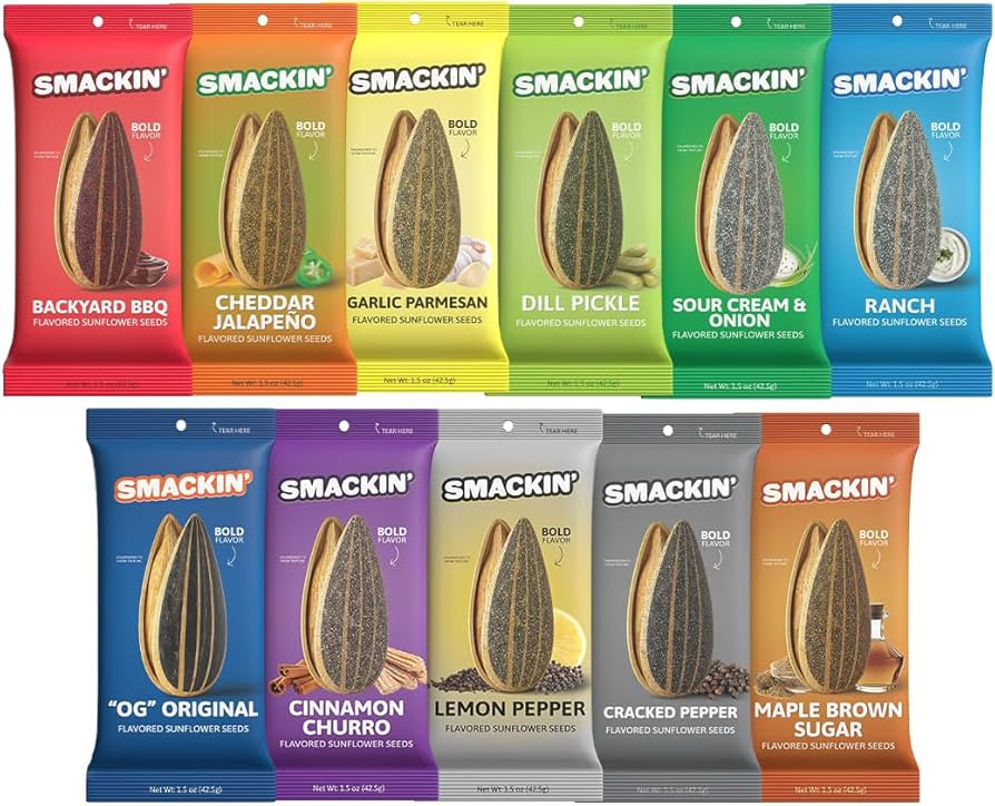 SMACKIN' Sunflower Seeds, Roasted Jumbo Small-Batch, American Made - Variety, 1.5oz bags (11 pack... | Amazon (US)