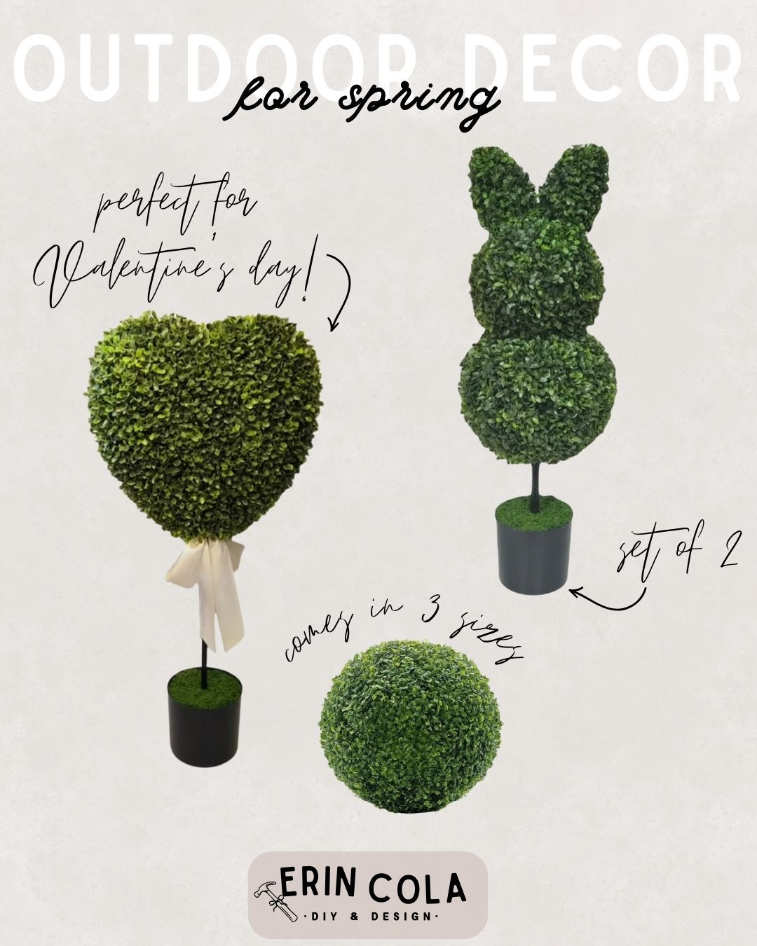 These outdoor topiaries are my favorite way to transition from Valentine’s Day decor into spring. The heart shape feels festive and sweet for Valentine’s Day, while the greenery works beautifully well into Easter and beyond. I love how they instantly add charm to a front porch, entryway, or patio without feeling overdone. Style them with bows for Valentine’s Day or keep them simple for spring. An easy seasonal refresh that works for more than one holiday. 

 

#LTKSeasonal #LTKHome #LTKFindsUnder100