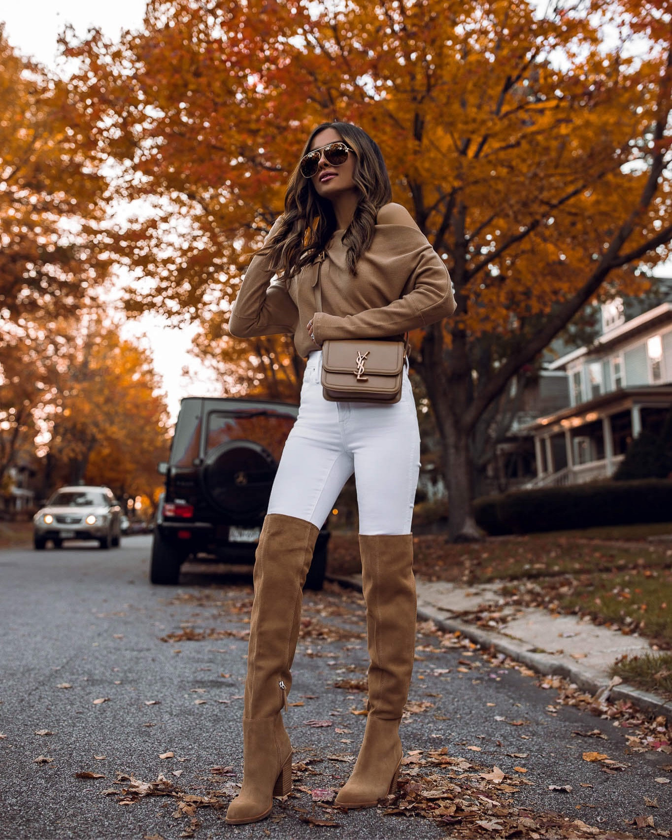 White Sweater and Brown Leather Pants- Mia Mia Mine