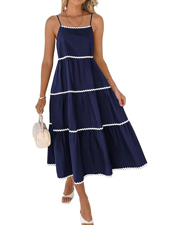 BTFBM Boho Summer Dresses 2024 Vacation Spaghetti Strap Backless RIC Rac Trim Tiered A-Line Long ... | Amazon (US)