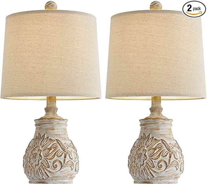 PoKat 18.5'' Farmhouse Vintage Table Lamps for Living Room Traditional Carved Floral Bedside Lamp... | Amazon (US)