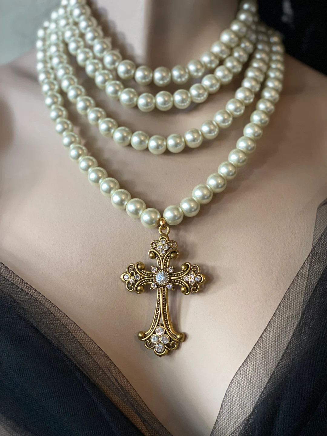 Renaissance Pearl Cross Necklace – Baroque Multi-strand Bib Jewelry – Costume, Gothic, Rococo... | Etsy (US)