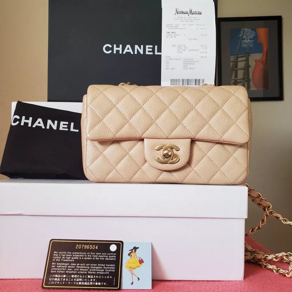Chanel Classic mini Rectangular  Pearly Beige Caviar Gold Hw Bag | eBay US
