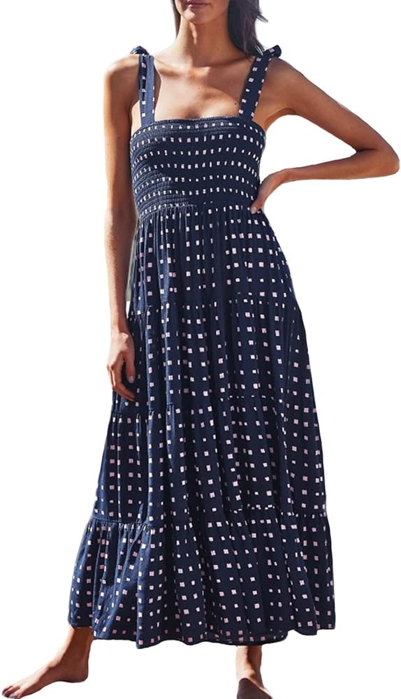 NAVORENDI Summer Maxi Dress for Women Boho Beach Dress Square Neck Spaghetti Strap Smocked Dress ... | Amazon (US)