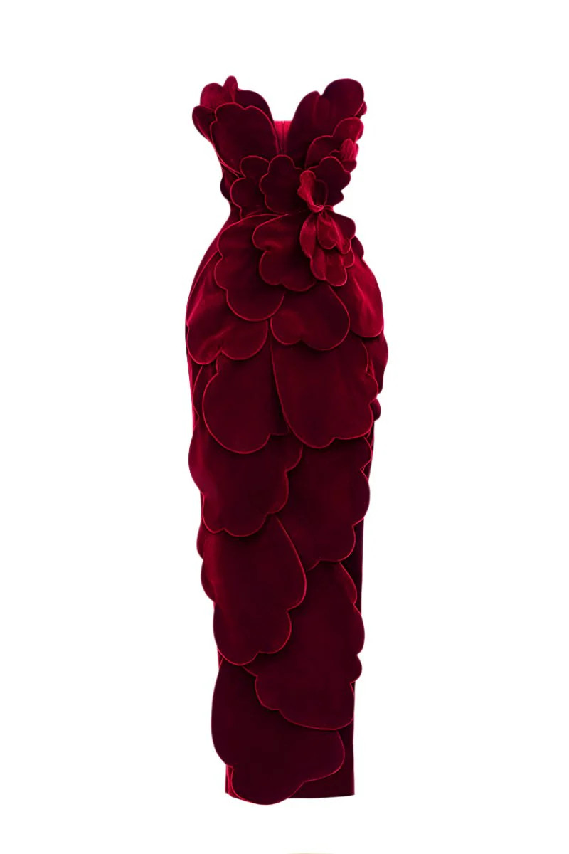 V-NECK PETAL STRAPLESS VELVET MAXI DRESS IN RED | HAPPY CLOTHING | CULT MIA | CULT MIA UK LTD
