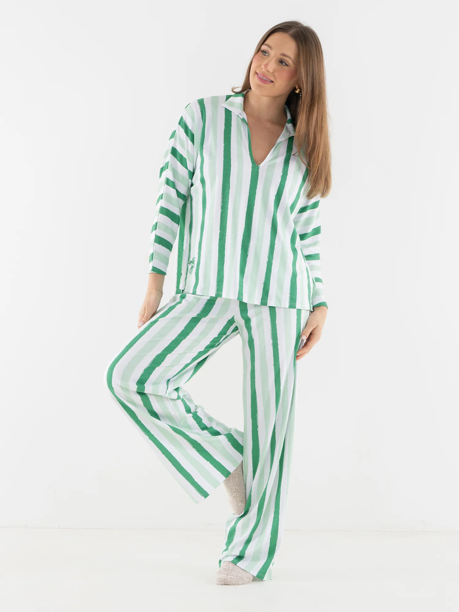 Pajama Pant Set in Mist Green Stripe | Emily McCarthy
