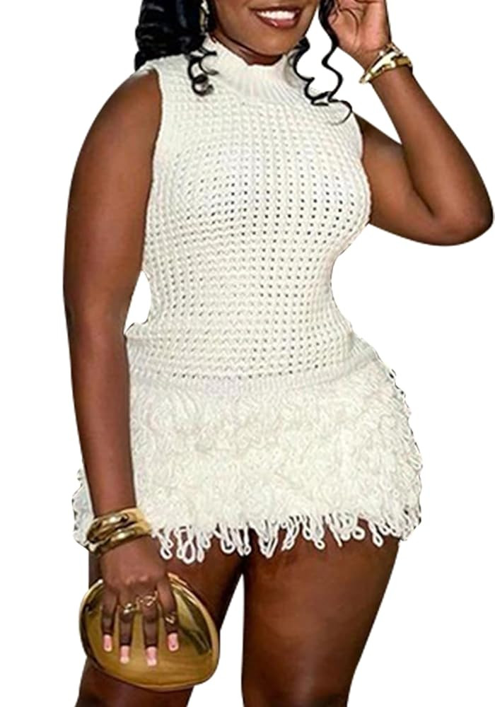 Tcremisa Women's Crochet Fringe Mini Dress Slim Fit Sleeveless Hollow Out Bodycon Short Knit Pull... | Amazon (US)