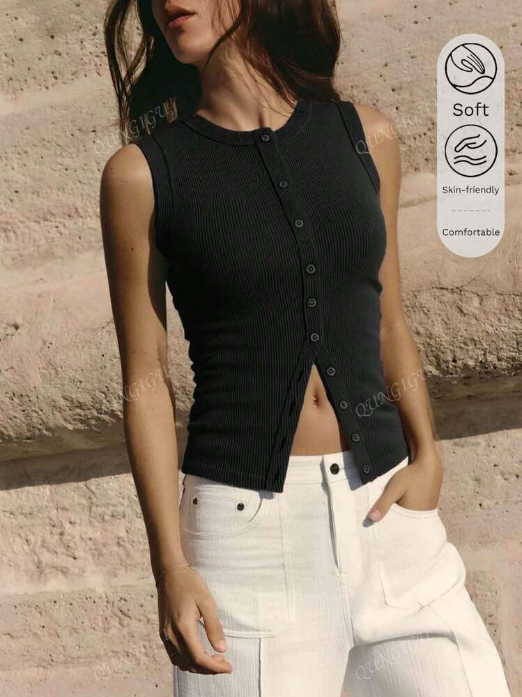 Brown Summer Casual Solid Color Knitted Sleeveless Round Neck Fitted Button-Front Tank Top For Wo... | SHEIN