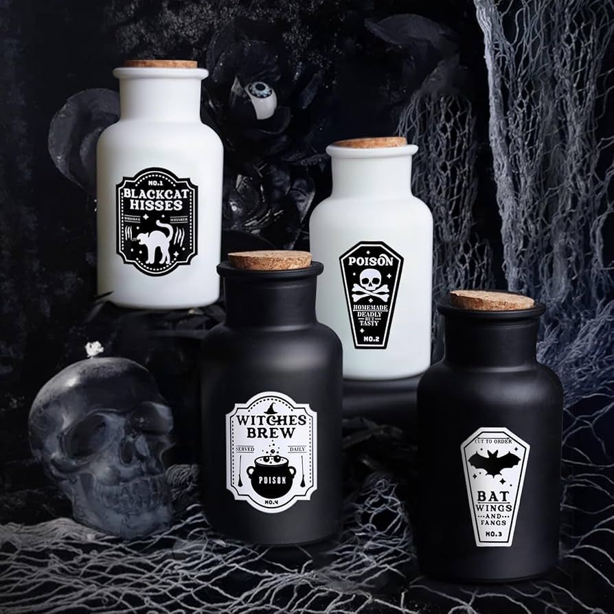 POVGLYY Halloween Potion Bottles Decorations Indoor Halloween, Black and White Apothecary Glass B... | Amazon (US)
