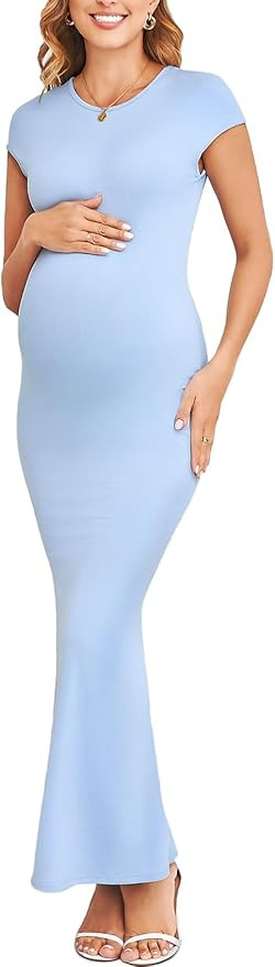 2025 Maternity Bodycon Mermaid Maxi Dress Sexy Square Neck Short Sleeve Ribbed Pregnancy Dresses ... | Amazon (US)