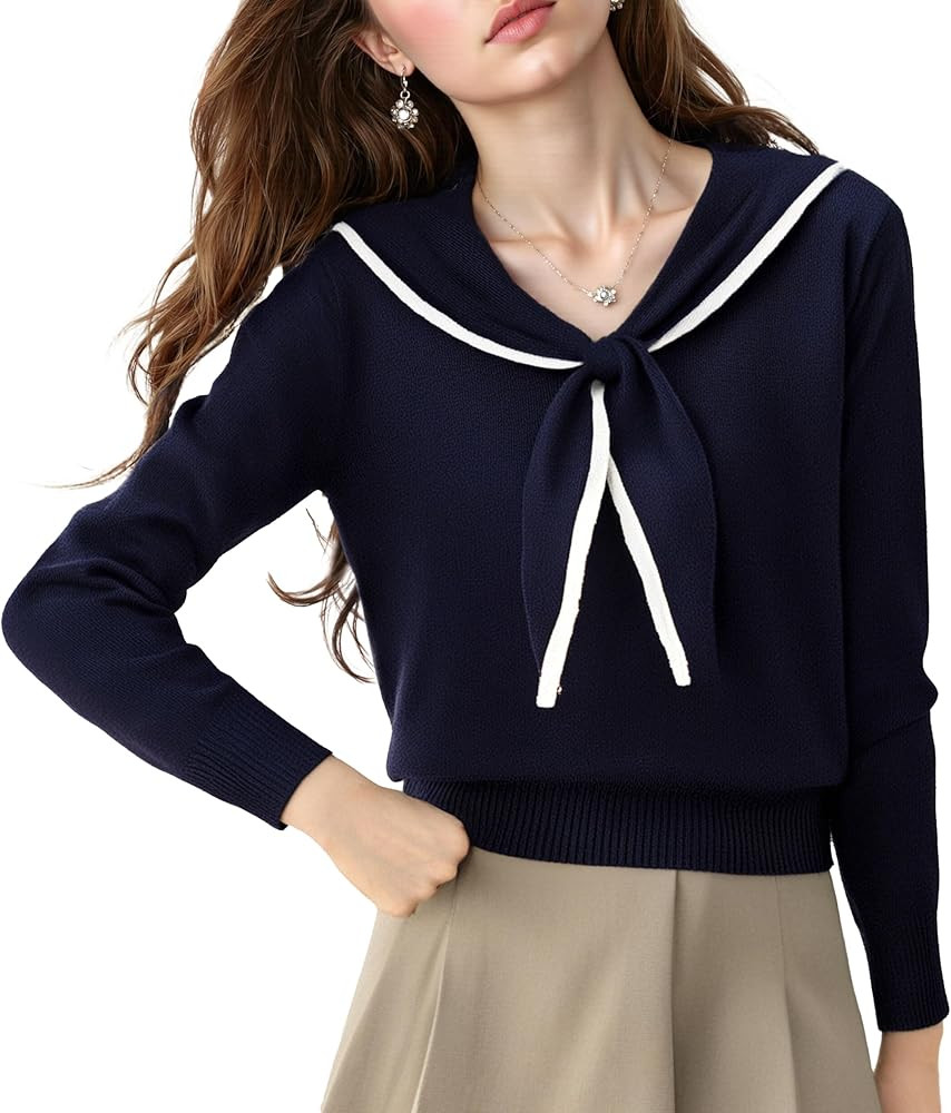 LAI MENG FIVE CATS Women's Sailor Collar Long Sleeve V-Neck Stripe Button Knit Top Shirt Blouse S... | Amazon (US)