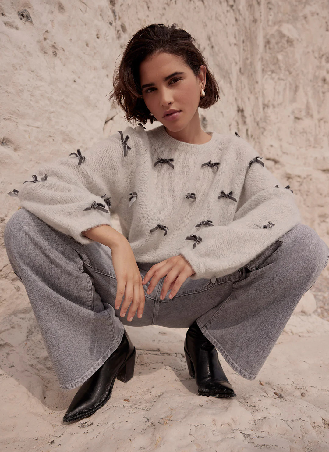 Grey Alpaca Blend Bow Detail Jumper | Mint Velvet