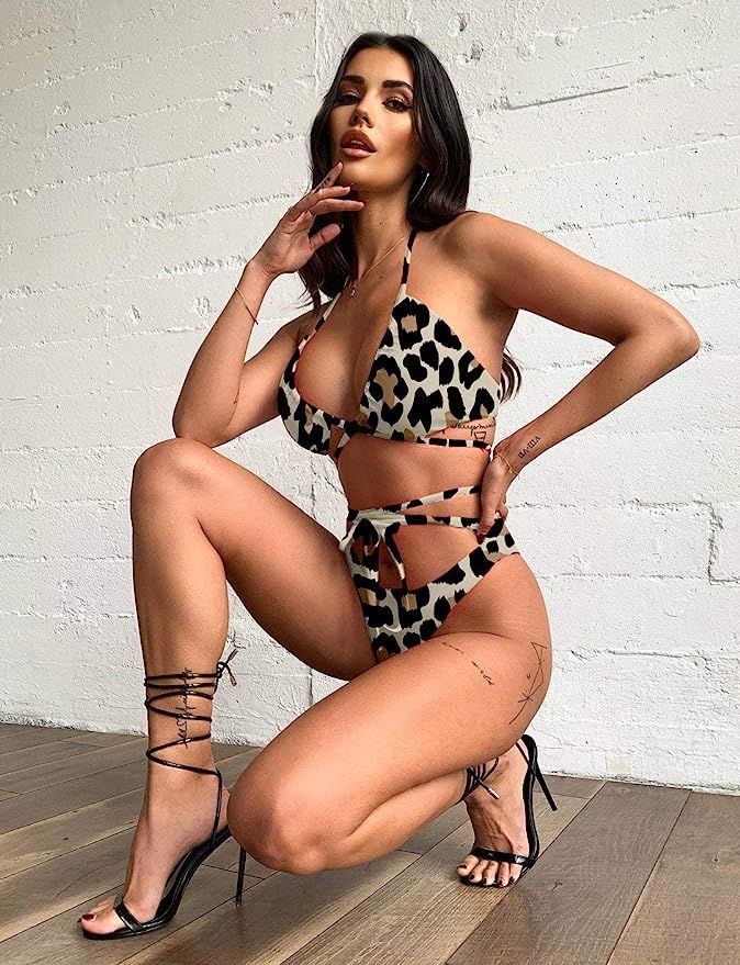 QINSEN Women's Sexy Straps Halter Cross Front High Cut Thong 2 Pieces Bikini Set Swimsuit | Amazon (US)