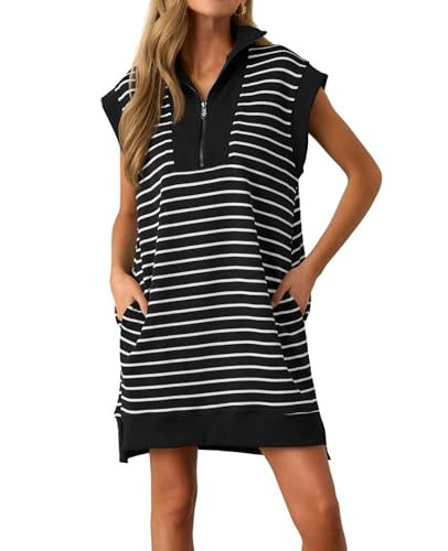 Wenrine Womens Striped Mini Dress Casual Zipper V Neck Cap Sleeve Collared Loose Summer Knit Dresses Black | Amazon (US)