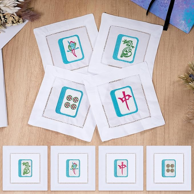 4 Pcs Mahjong Embroidered Napkins, 6 x 6 in Linen White Cocktail Napkins with Mahjong Patterns, C... | Amazon (US)