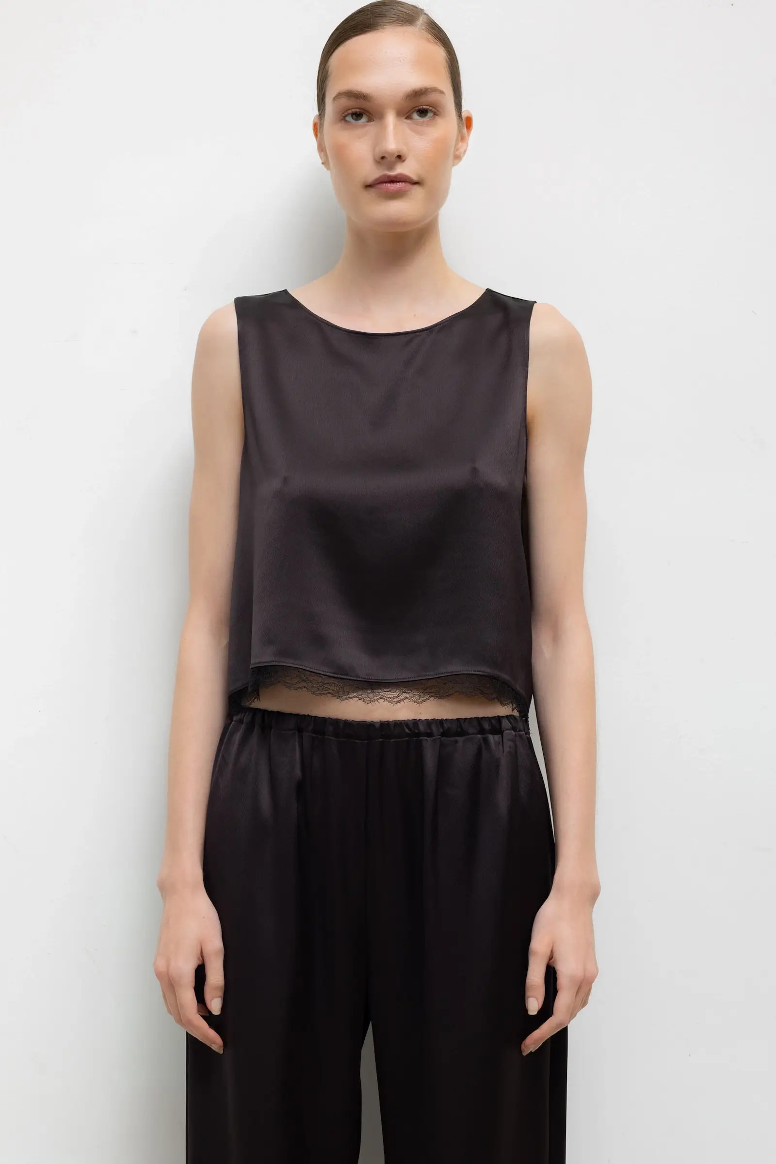 LESET Barb Lace Crop Sleeveless Crew in Chocolate in Satin | LESET