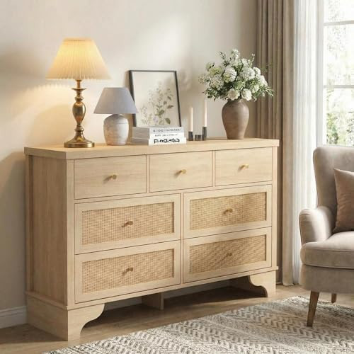GarveeHome 7 Drawer Dresser for Bedroom, 47.3 in Wide Wood Chest of Drawers with Natural Rattan Drawers, Drawer Organizer with Sturdy Base for Living Room, Entryway and Hallway | Amazon (US)