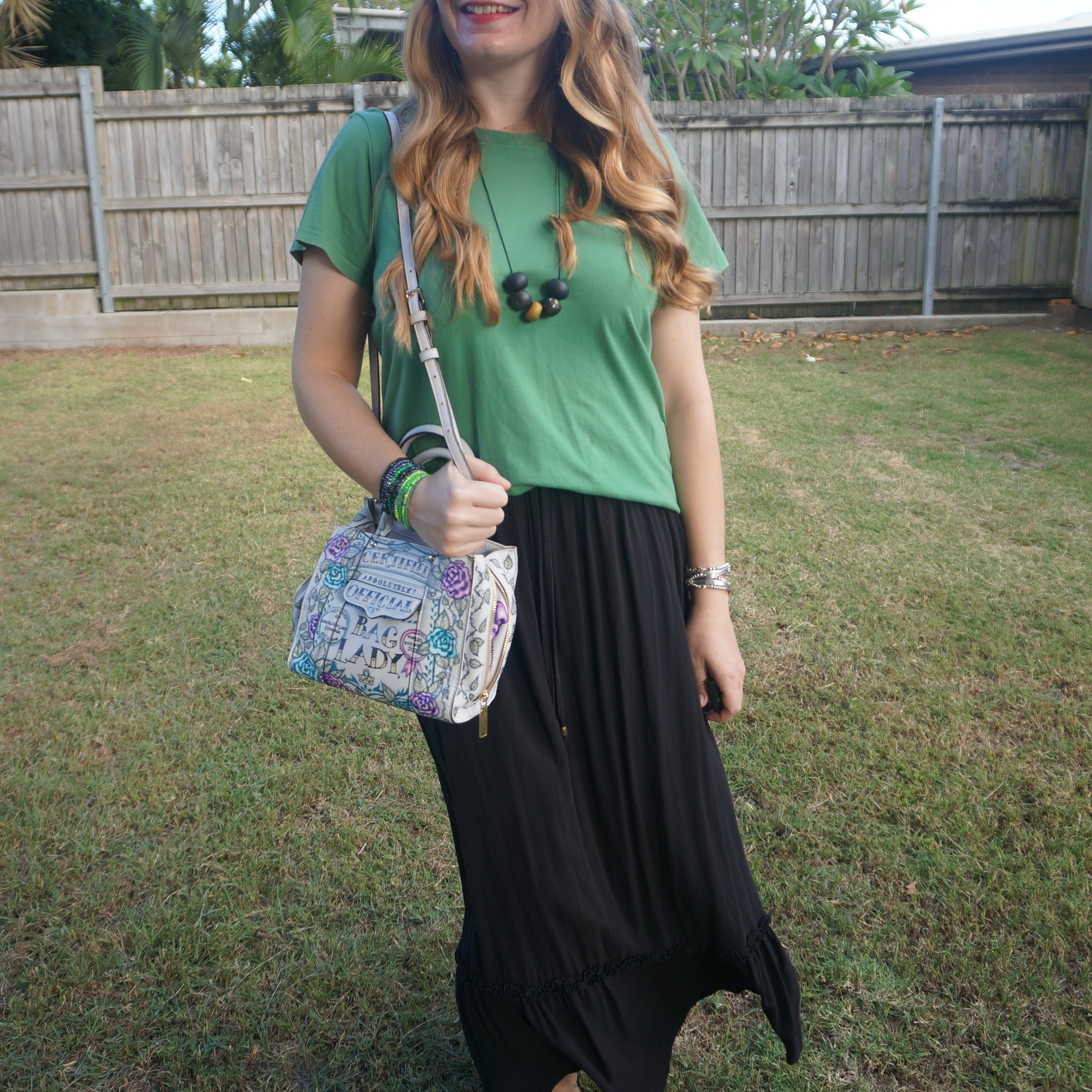 Green tee and black maxi skirt with hand painted Rebecca Minkoff mini MAB tote bag 💚

#LTKaustralia #LTKbag