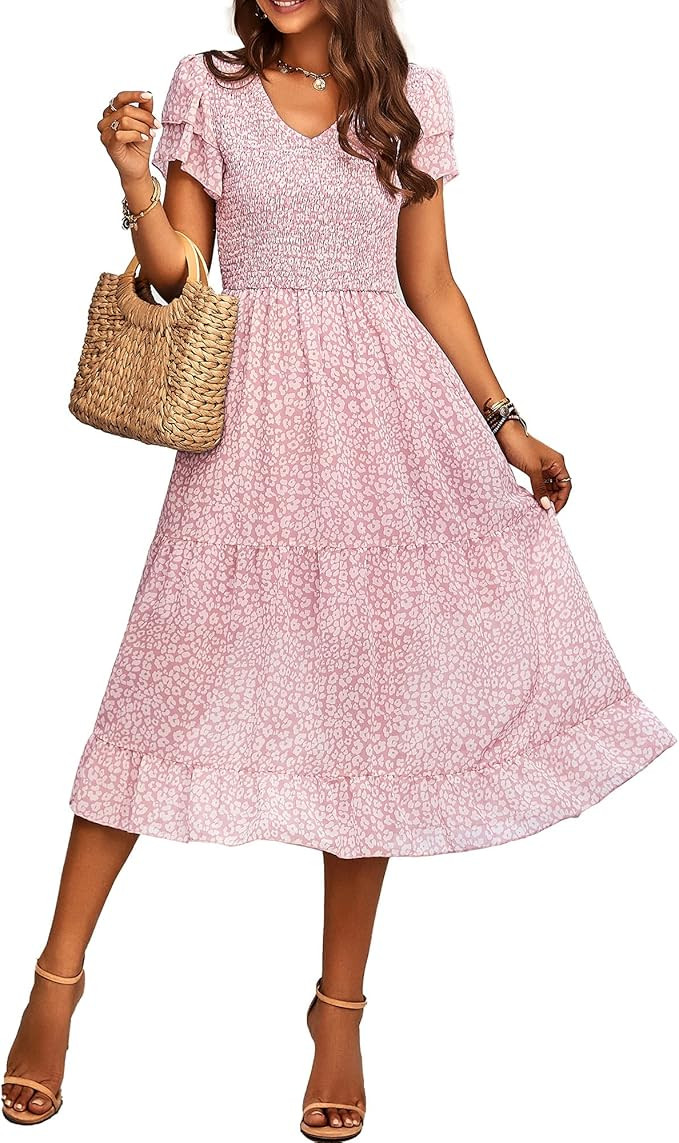 BTFBM Women Casual Summer Short Ruffles Tiered Sleeve Smocked Midi Dresses Bohemian Floral V Neck... | Amazon (US)