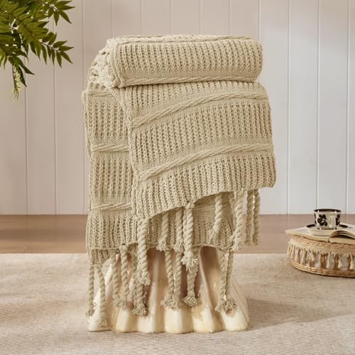 Boho Knitted Chenille Blanket with Tassels - Lightweight & Soft All-Season Throw - 3D Classic Pattern for Living Room Bedroom Couch, Sandy Beige, Throw 50"x60" | Amazon (US)