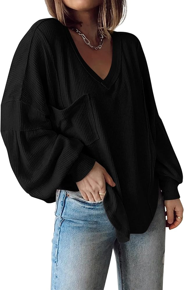 BTFBM Womens Fall Fashion 2025 Long Sleeve Shirts Casual V Neck Ribbed Knit Blouses Pullover Tren... | Amazon (US)