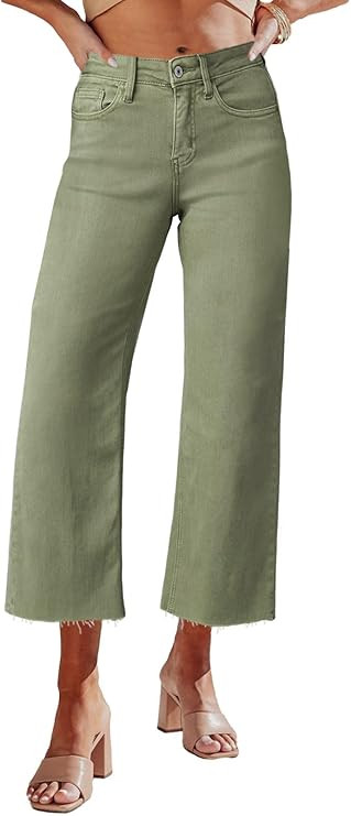 Allimy Women's High Waisted Straight Ankle Wide Leg Ripped Jeans Frayed Hem Stretchy Capri Denim ... | Amazon (US)