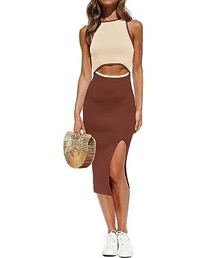 ZESICA Women's Summer Bodycon Sweater Dress Sleeveless Crew Neck Cut Out Contrast Color Side Slit... | Amazon (US)