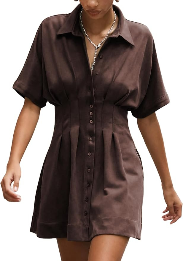 Womens Casual Faux Suede Short Sleeve Shirt Dress Pleated Button Down Tapered Waist Mini Dress wi... | Amazon (US)