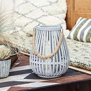 Lights4fun, Inc. 10" Gray Bamboo Wooden Battery Operated LED Flameless Candle Lantern | Amazon (US)