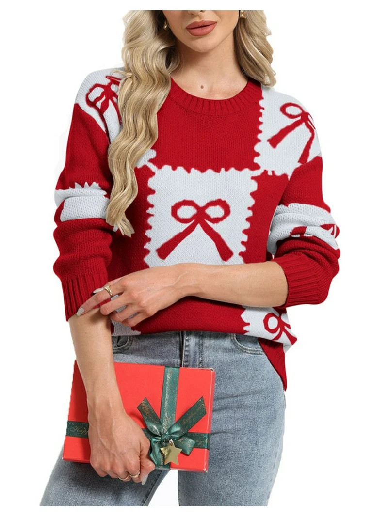 Christmas Sweaters for Women Color Block and Cute Bow Printed Pullover Sweaters Crew Neck Warm Kn... | Walmart (US)