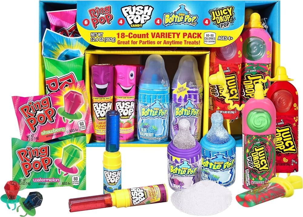 Candy Variety Pack - 18 Count Assorted Lollipops - Ring Pop, Push Pop, Baby Bottle Pop & Juicy Dr... | Amazon (US)