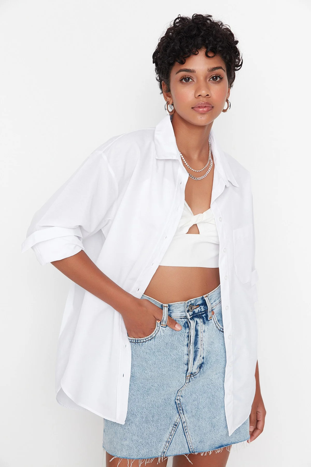 Trendyol Women  Basics Oversize Basic Shirt Collar Woven Shirt | Walmart (US)