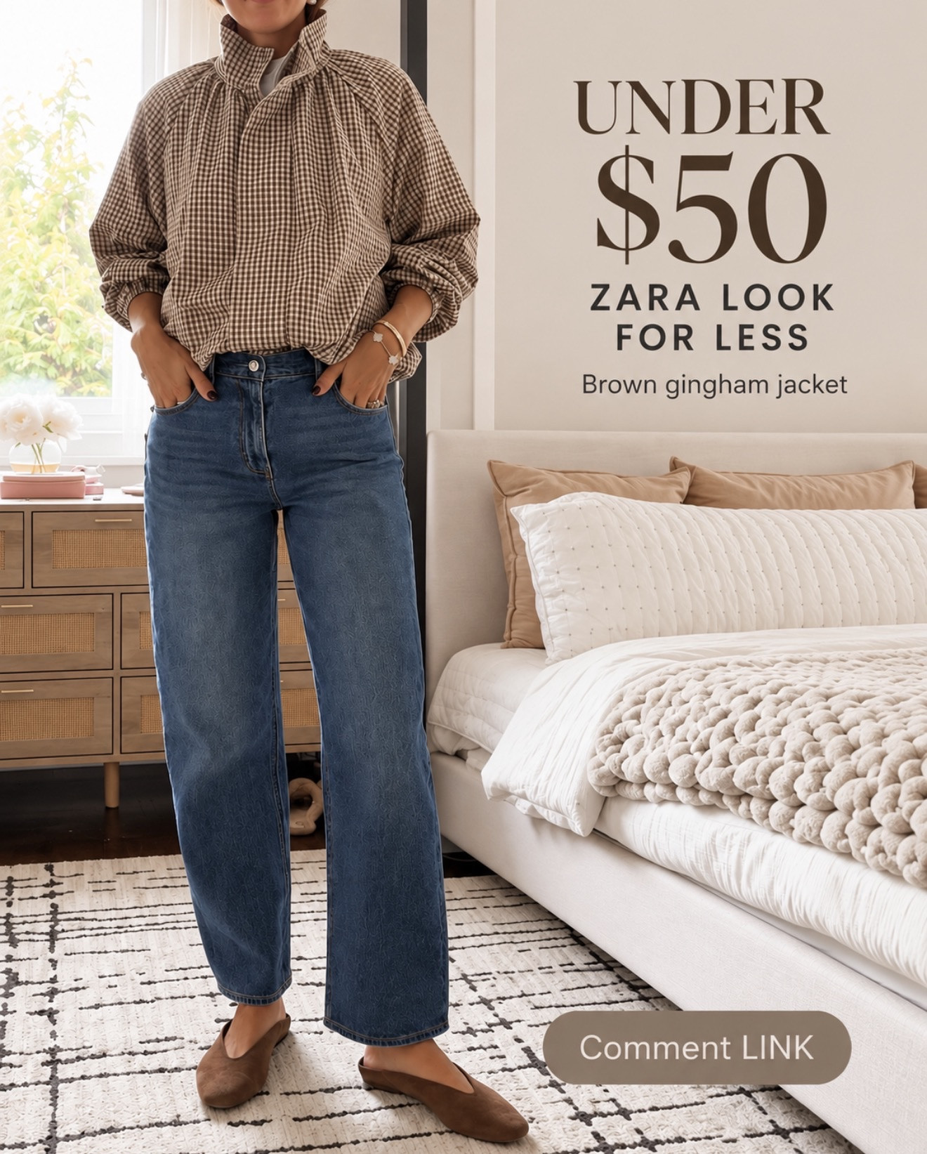 This brown gingham jacket is such a cute Zara look for less 🤎 Under $50 and so easy to style with jeans!

💬Comment LINK and I’ll send it your way.