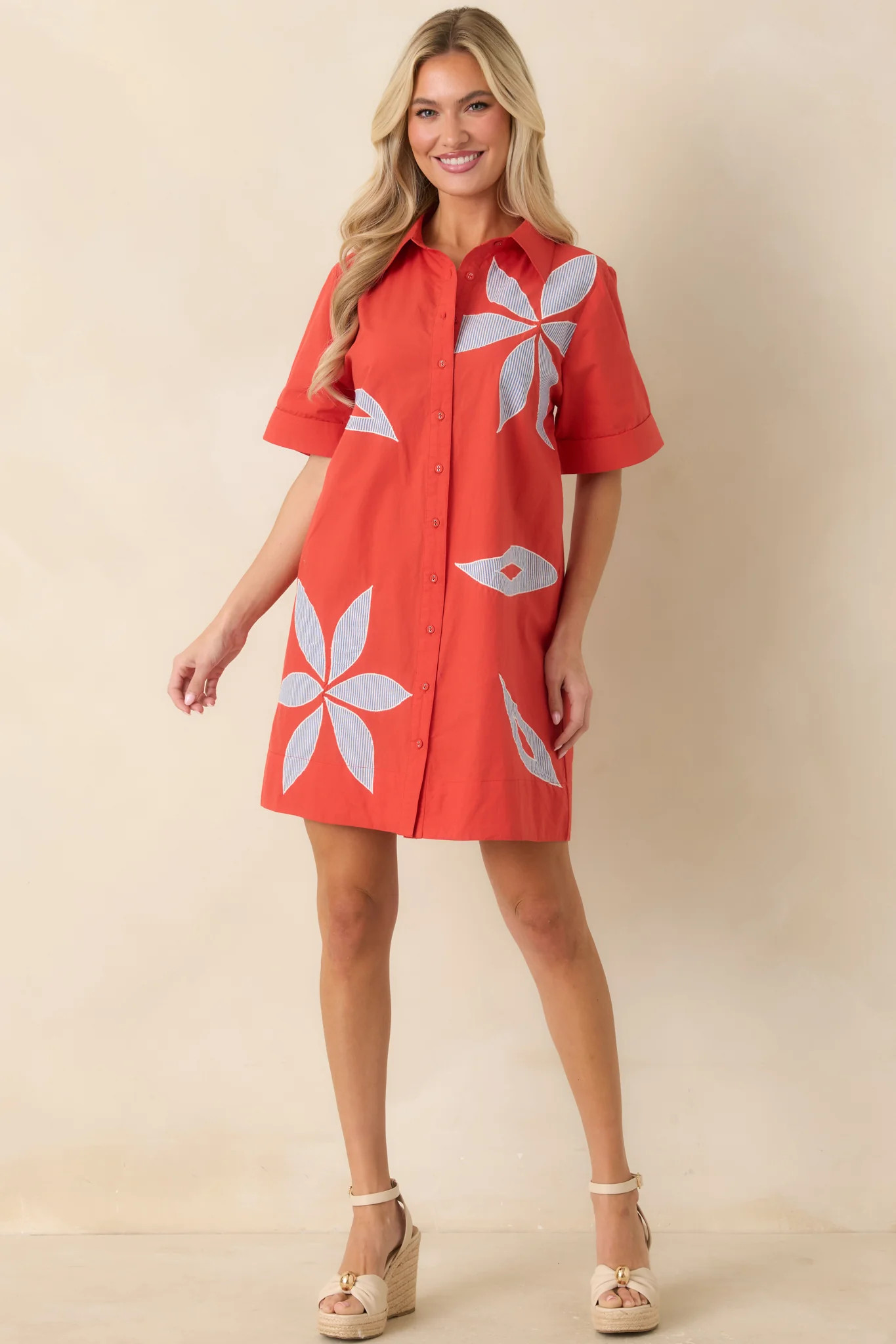 Bloom & Be Seen Poppy Red Cotton Floral Applique Mini Shirt Dress | Red Dress