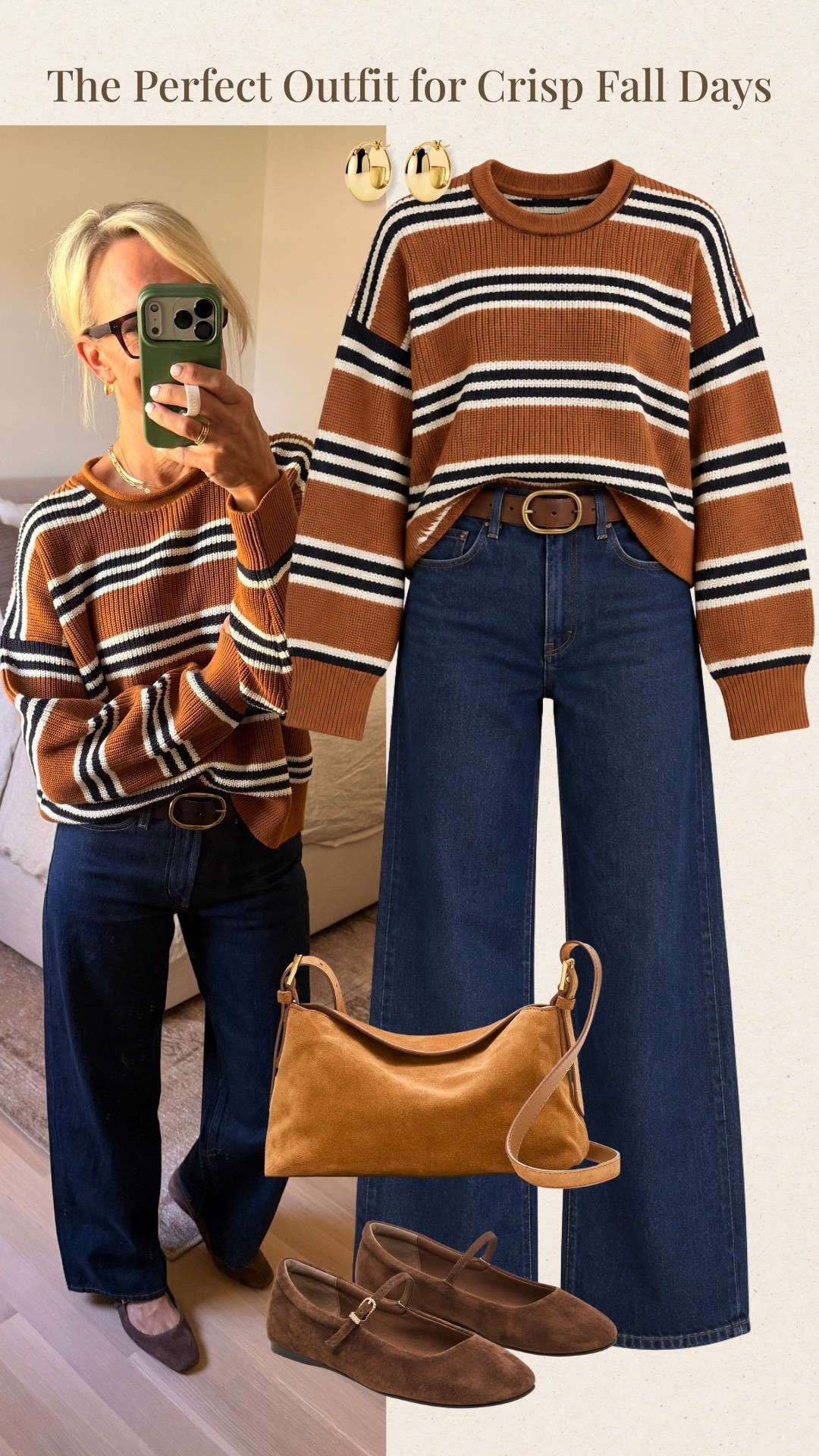 This rust, navy, and cream striped sweater is such a pretty way to bring a little color into a classic fall wardrobe. Paired with dark denim, a warm tan bag, and brown suede Mary Jane flats, it creates an easy outfit for crisp fall days that still feels timeless and polished.

#LTKootd #LTKOver40 #LTKSeasonal