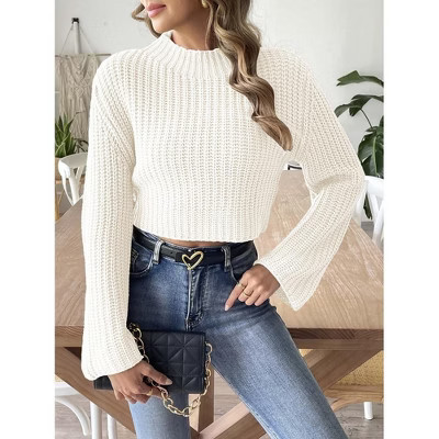 Coolmee Women's Fall Winter Turtleneck Cropped Sweater Causal Ribbed Knit Long Sleeve Pullover Jumper Tops White M | Target