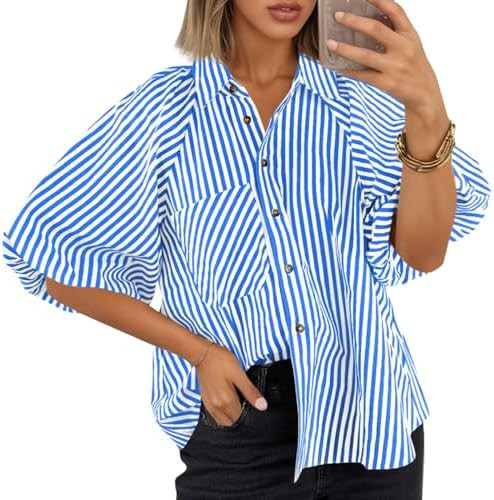 Tankaneo Womens Short Puff Sleeve Button Down Shirts Striped Trendy Casual Loose Fit Blouse V Nec... | Amazon (US)