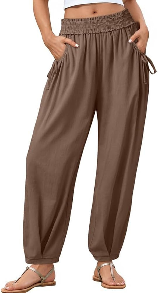 Dokotoo Women Linen Wide Leg Pants Casual Elastic Waist Lounge Palazzo Harem Pants with Pockets | Amazon (US)