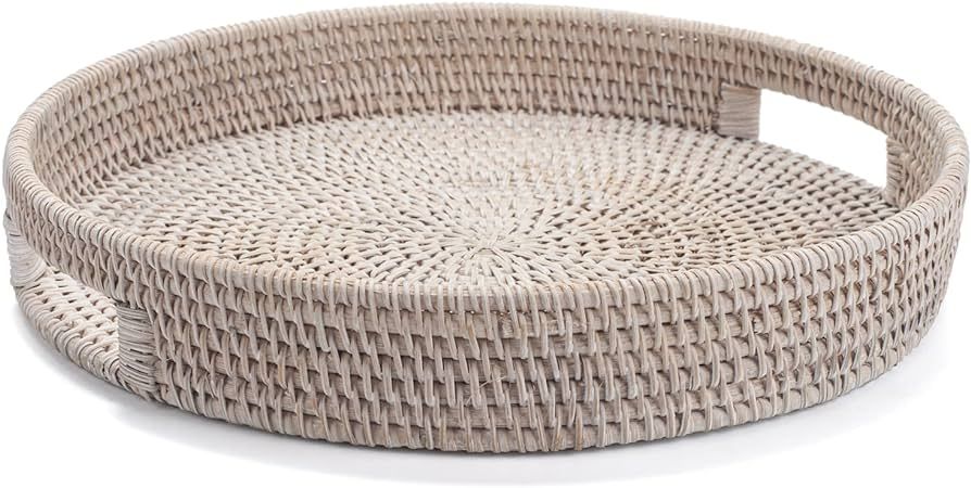 14.2 inch Round Rattan Tray, Woven Serving Tray with Cut - Out Handles, Wicker Serving Basket, Wh... | Amazon (US)