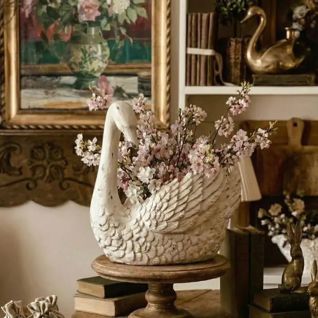 Distressed White Swan Planter | Antique Farm House