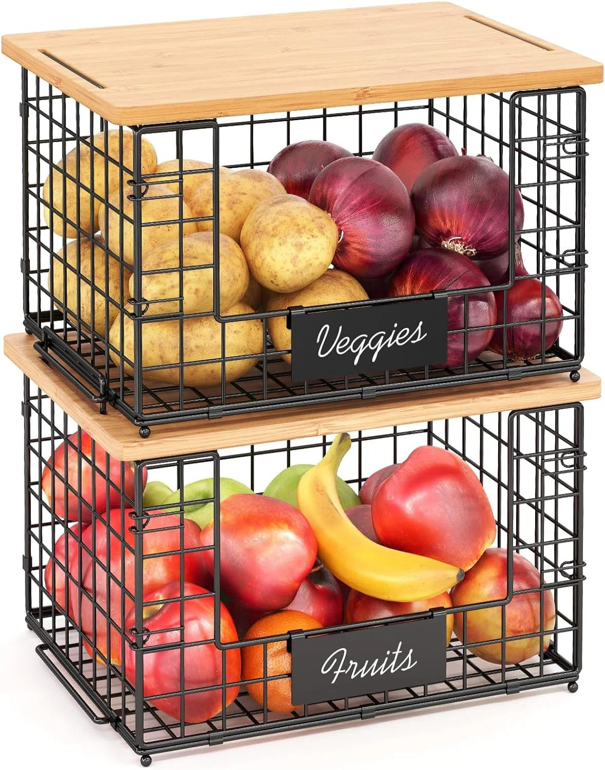 2 Pack Stackable Wire Baskets With Bamboo Top For Pantry Organizers And Storage, Xxl Kitchen Orga... | Wayfair North America