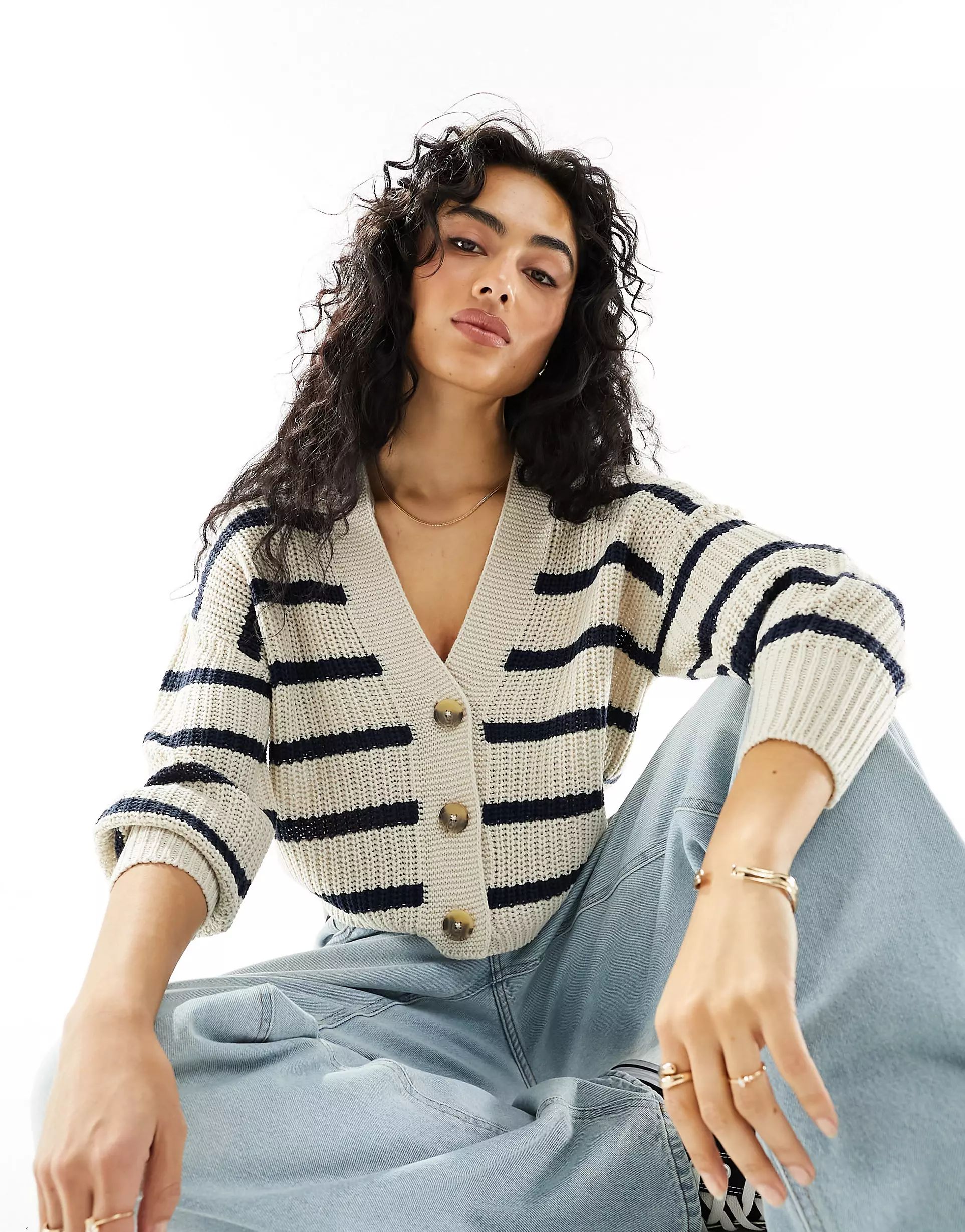 ONLY knitted cardigan in beige with navy stripe  | ASOS | ASOS (Global)