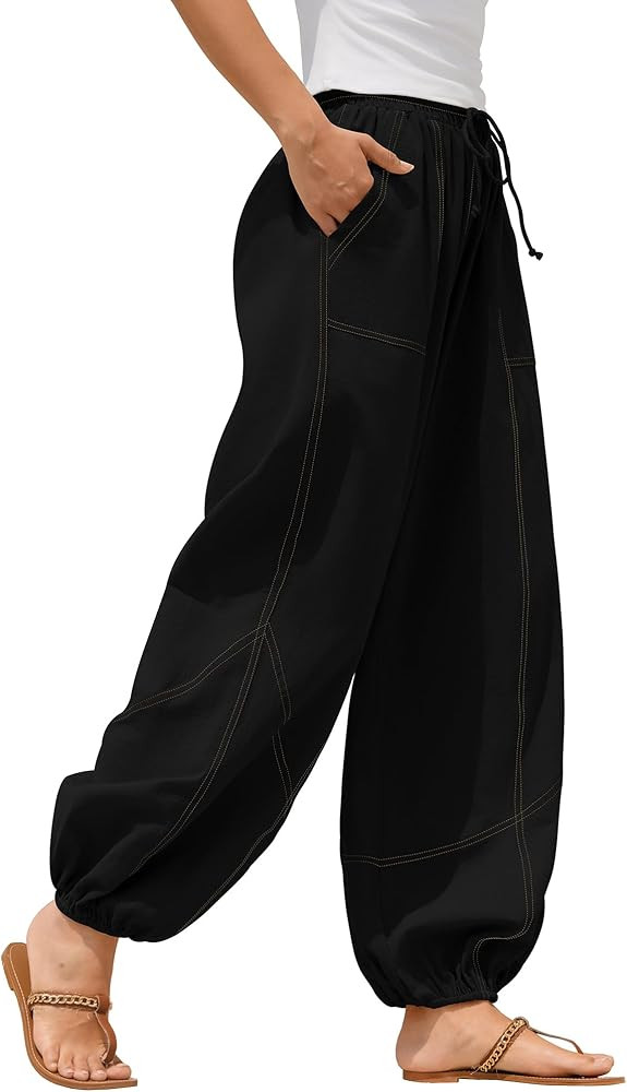 ZAFUL Women Casual Linen Pants Lightweight Drawstring Elastic Waist Lounge Beach Summer Pants wit... | Amazon (US)