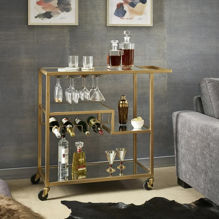 Chelsea Lane Mirror Glass Top Metal Bar Cart, Champagne Gold | Walmart (US)