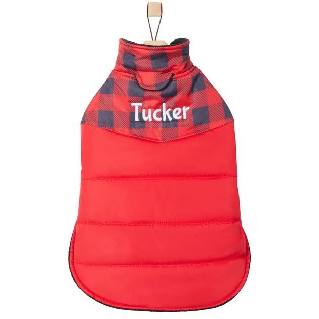 Frisco Boulder Plaid Insulated Personalized Dog & Cat Puffer Coat, Red | Chewy.com
