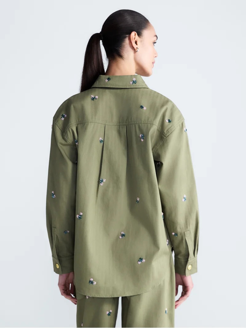 Free Assembly Women's Embellished Cotton Utility Shirt With Long Sleeves, Sizes XS-XXL | Walmart (US)