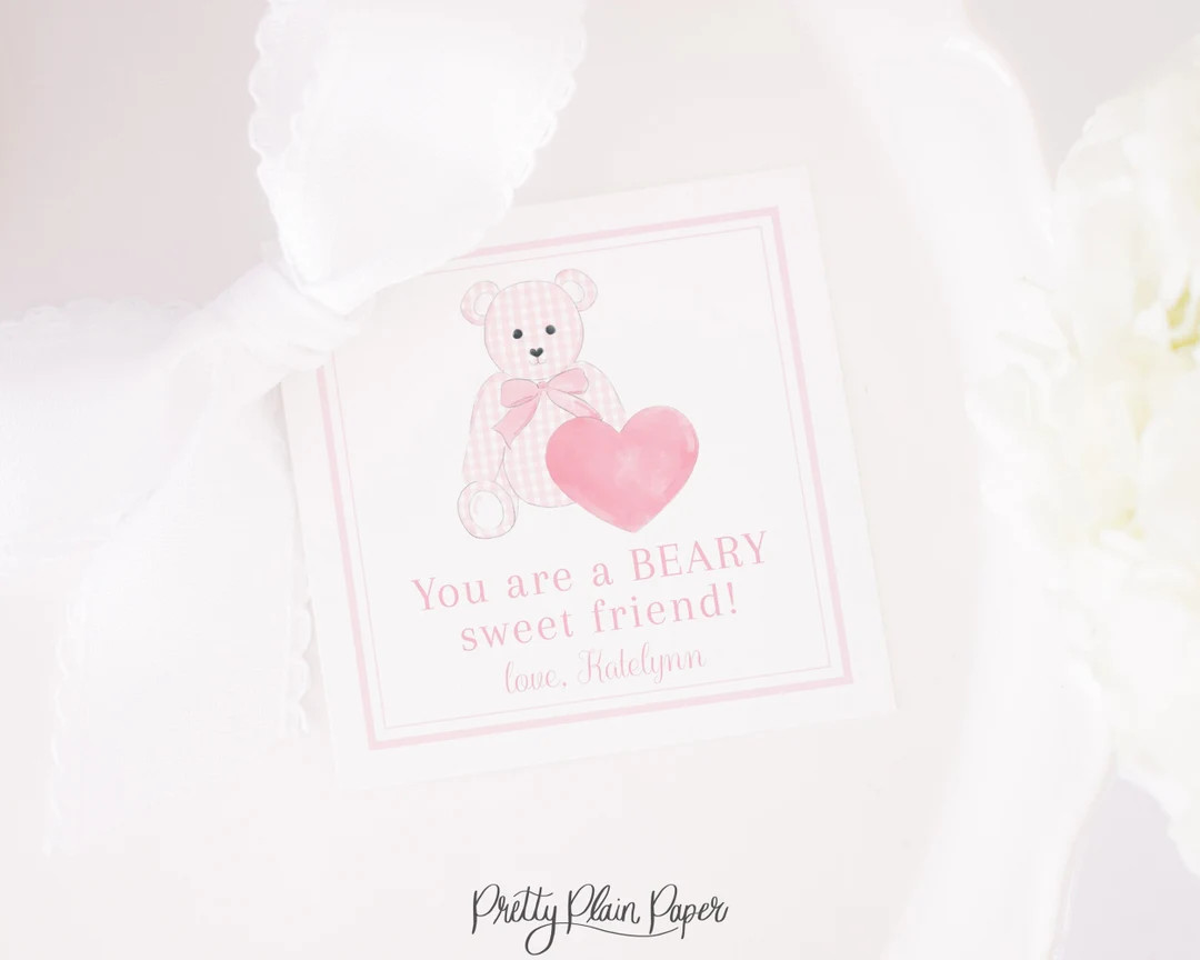 Watercolor Pink & White Gingham Teddy Bear Valentine Tag | 3.5 x 3.5 Printable | Teddy Bear Valen... | Etsy (US)