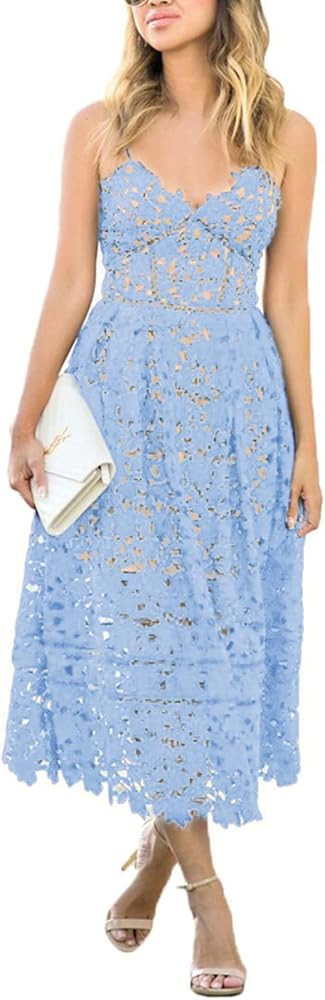 AlvaQ Womens V Neck Spaghetti Strap Lace Dress Sleeveless Sexy Backless Party Dresses with Pocket | Amazon (US)