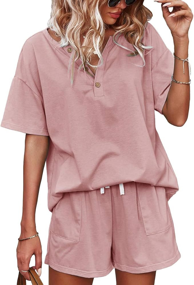 BZB Womens 2 Piece Short Sleeve Sweatsuit Sets V-neck Pullover and Shorts Solid Color Outfits Tra... | Amazon (US)